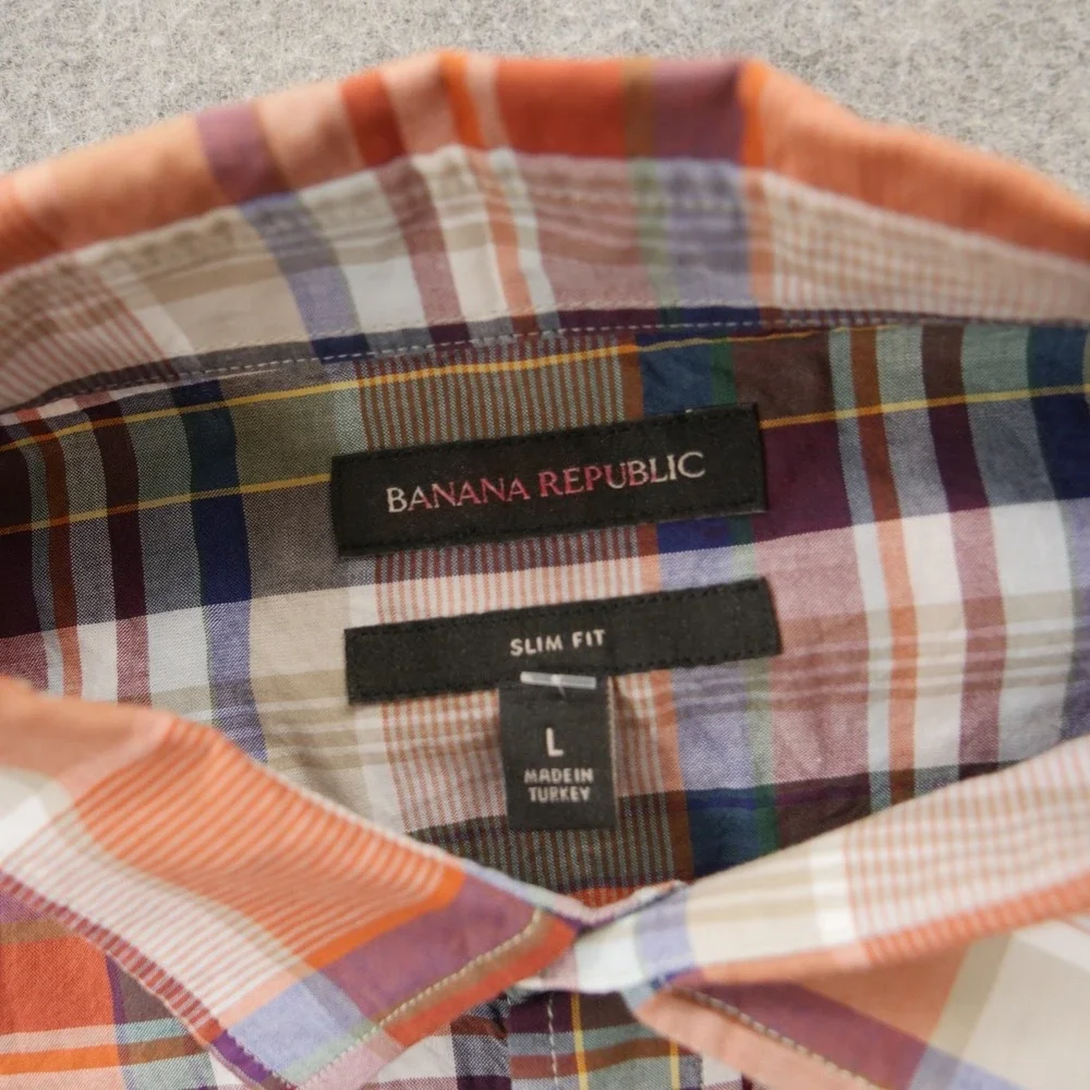 Banana Republic Shirt Mens Large Orange Blue Plaid Slim Fit Long Sleeve